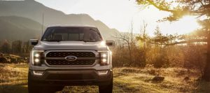 A white 2022 Ford F-150 parked next to a tree with hills in the background near San Antonio, TX